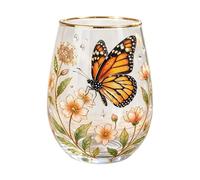 Taza de cristal para café sin tallo de 350 ml con detalles florales dorados para agua y postres en uso diario, taza de vidrio sin tallo, borde dorado, floral, transparente, café frío, postre