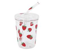 Taza de Cristal Transparente con Diseño de Fresa y Tapa con Pajita, Diseño Bonito Resistente Al Calor, Fácil de Beber, Evita que el Agua Se Ensucie