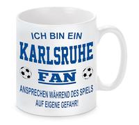 Taza de fútbol con texto en alemán "Ich bin ein Karlsruhe Fan - Ansprechen während des Spiels auf eigene Riesgo" | Keramiktasse für FußballFans | Spülmaschinenfest | hochwertige Druck