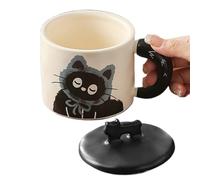 Taza de gato linda con tapa, taza de café de cerámica con tapa - Taza de gato de pareja linda - Taza de agua versátil para leche, bebidas calientes, café y té
