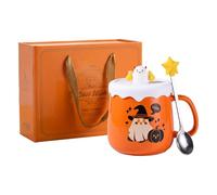 Taza de Halloween con cuchara y tapa de taza de café, taza de calabaza de cerámica con caja de regalo, taza de Halloween, taza de calabaza, taza de fantasma espeluznante, regalo para cumpleaños, 420