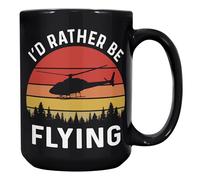 Taza de helicóptero con texto en inglés "I'd Rather Be Flying - Divertido regalo de piloto, regalos de helicóptero para amantes de la aviación para hombres y mujeres - Taza de café negra de 15 onzas