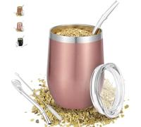 Taza de mate de 340 ml, taza de té mate de doble pared de acero inoxidable 18/8 con pajita mate y un cepillo de limpieza, taza Yerba Mate (oro rosa)