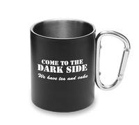 Taza de metal con diseño de texto en inglés «We Have Tea and Cake Come to The Dark Side Hilarious Meme»