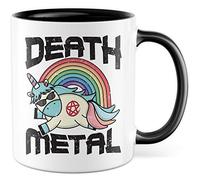 Taza de metal Death regalo con diseño de unicornio, taza de café, taza de café, taza de té divertida, rocker Heavy Metal Punker unicornio divertido (blanco/negro)