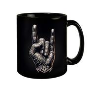 Taza de metal pesado, color negro en negro, con cuerno de roca, gesto para los fanáticos de la música, taza de metal pesado, taza negra con los dedos, simbolismo, ideal para los amantes de la música,