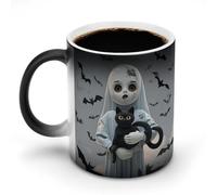 Taza de muñeca de pesadilla que cambia de color y cambia de temperatura. Taza de cerámica negra reactiva al calor. Taza de té con mensaje que aparece al calentarse. Cumpleaños para un amigo de la fam