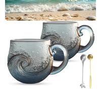 Taza De Ola De Vidrio Del Mar, Taza De Vidrio Soplado A Mano De 12 Onzas Con Textura De Ola Del Océano, De Tema De Playa Para Té, Vino, Regalo Para Amantes Del Océano(B2PCS)