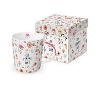 Taza de porcelana con diseño de flores con texto "Happy Day um Flowers" en caja de regalo a juego. Taza con diseño de flores para mesa y como regalo, 0,4 x 9,7 cm