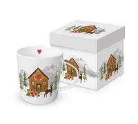 Taza de porcelana, diseño de animales con diseño de cabañas en la escena de montaña, 0,4 x 10,5 cm