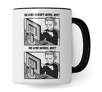 Taza de regalo de informática, The Code doesn´t work - Why? Idea de regalo para programadores, taza de café, informática, programación, taza de té con texto divertido (blanco/negro)