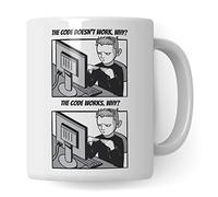 Taza de regalo de informática, The Code doesn´t work - Why? Idea de regalo para programadores, taza de café, informática, programación, taza de té con texto divertido (blanco)