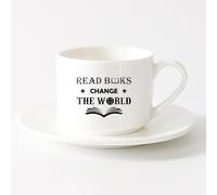 Taza de regalo original Palabras inspiradoras que leen libros y cambian el mundo （6oz/175ml） Elegante y duradero: apto para microondas y lavavajillas Juego de té con taza y platillo (blanco)