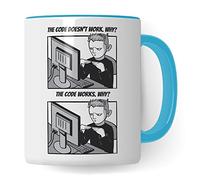 Taza de regalo para ordenador "The Code doesn´t work", ideal como regalo para programador, taza de café, informático, programación, taza de té con texto en blanco y azul