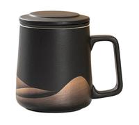Taza de té con colador de té - Taza de té de cerámica de 360 ml, esmalte negro pintado a mano con tapa y colador | Taza de cerveza para té suelto, oficina en casa, café, uso diario, regalo para los