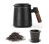 Taza de té con tapa y colador, 400 ml, mango de madera, tazas de té de cerámica mate con colador de té y tapa, taza de té con colador de té para amantes del té, esmalte negro rociado a mano para