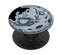 Taza de té de café, Olas del mar, Luna y Rostro Humano PopSockets PopGrip Adhesivo
