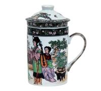 Taza de té de cerámica con tapa + colador para té suelto con motivo asiático (lección de música, 512) Taza china japonesa para los amantes del té, juego de regalo de café de porcelana asiática taza