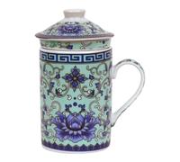 Taza de té de cerámica con tapa + colador para té suelto con motivo asiático (lirio de agua púrpura, 507) Taza china japonesa para los amantes del té, porcelana café regalo set Asia taza