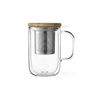 Taza de té de doble pared con asa, de vidrio térmico con colador de acero inoxidable para hojas de té sueltas y tapa de madera de bambú, 0,5 litros