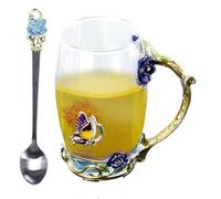 Taza de té de vidrio: esmaltada hecha a mano, tazas de té con flor de rosa azul con asa, taza con diseño de flores con cuchara para el día de la madre de la mujer, bonito juego de cucharas de