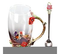 Taza de té de vidrio: esmaltada hecha a mano, tazas de té con flor de rosa azul con asa, taza con diseño de flores con cuchara para el día de la madre de la mujer, bonito juego de cucharas de