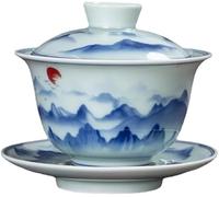 Taza de té Gaiwan cerámica, 150 ml, azul, 10,5 cm * 9, juego 3, taza Kung Fu, tazón porcelana con platillo