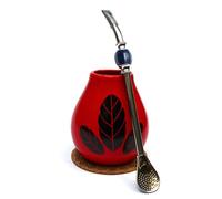 Taza de té mate ● Taza mate Hoja Rojo ● Taza de cerámica y bombilla ● Bombilla de acero ● Pajita ● Taza de té de cerámica Calabaza mate