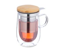 Relaxdays Taza de Té, Filtro Acero Inoxidable, Tapa Bambú, Asa, 430 ml, Doble Pared, Vaso Infusión, Transparente/Natural