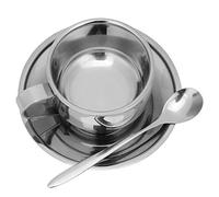taza de té y platillo con cuchara a juego juego, Juego de taza de café de acero inoxidable con platillo y cuchara, juego de tazas de café espresso, juego de tazas de café de metal plateado