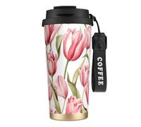 Taza de viaje con diseño de tulipán pintado a mano en acuarela. 100% hermética. Fabricada en acero inoxidable 316 con aislamiento al vacío. Incluye tapa y pajita. Ideal para agua, té helado, café, bat