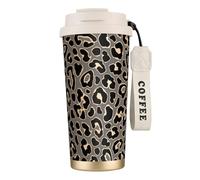 Taza de viaje ecológica de acero inoxidable 316 para oficina, pared, coche, café, con cordón, diseño de leopardo sin costuras en dorado de lujo.,Blanco