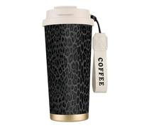 Taza de viaje ecológica de acero inoxidable 316 para oficina, pared, coche, café, con cordón, estampado de leopardo negro sin costuras.,Blanco
