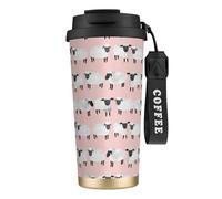 Taza de viaje ecológica de acero inoxidable 316 para oficina, pared, coche, café, con cordón, oveja, rosa pastel, lana de oveja, animal de granja.,Negro