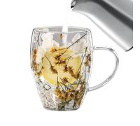 Taza de vidrio de doble pared con flores secas, tazas de café con flores estéticas, tazas de vidrio transparentes con flores secas, tazas de vidrio de doble pared, taza de flores para café, té, leche