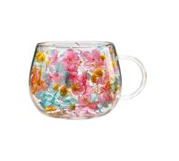 Taza De Vidrio De Doble Pared Con Pétalos De Flores Secas | Taz De Café De Vidrio Aislada Floral Colorida De 250 Ml Con Asa | Taz Transparente Resistente Al Calor Para Beber Café, Té, Whisky, Cervez