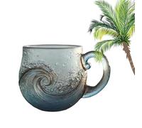 Taza de vidrio de mar, 300 ml, hecha a mano única inspirada en el mar, taza temática de playa con textura ondulada Un-ique, tazas de café transparentes con asa, vidrio soplado a mano, regalo para los