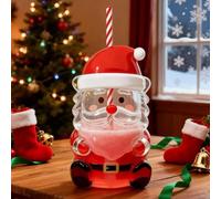 Taza de vidrio de Papá Noel con tapa y popote, tazas de café para sorber de Papá Noel de 20 onzas, taza de paja temática navideña, bonita cristalería de bebidas de Navidad para café, cervezas, vino y