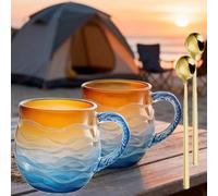 Taza de vidrio hecha a mano con olas de mar, taza de café de mar puesta de sol, taza de la serie Sunset & Oceans Legend, tazas con textura inspirada en el tema de la playa para el té, amantes del café