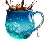 Taza de Vidrio Marino con Diseño de Ola Hecha a Mano,Vasos para Bebidas Soplados a Mano de 414 ml | Taza de Bebidas para Amantes del Mar - Para Jugo Leche Profesores Estudiantes Oficina Restaurante Co