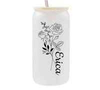Taza de vidrio personalizada con nombre y flor de nacimiento, taza personalizada,tumbler personalizzato,vaso de café helado con popote y tapa, regalos para mujeres, profesores,cumpleaños, mamá