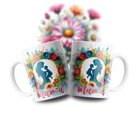 Taza Decorativa para Mamá, Diseño Floral con Silueta, Cerámica Blanca, Regalo para el Día de la Madre