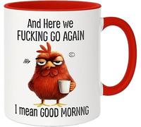 Taza divertida de 325 ml, Here We F*cking Go Again... I Mean Good Morning, divertida taza de café sarcástica para mamá, hermana, mejor amiga, compañeros de trabajo, jefe, caja de regalo (02)