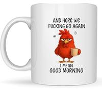 Taza divertida de 325 ml, Here We F*cking Go Again... I Mean Good Morning, divertida taza de café sarcástica para mamá, hermana, mejor amiga, compañeros de trabajo, jefe, caja de regalo (01)