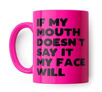 Taza divertida de cerámica con texto en inglés "If My Mouth Doesn't Say It My Face Will Joke", para amigos, colegas o pareja, regalo grosero, tazas para ella, regalo de cumpleaños, vaso rosa