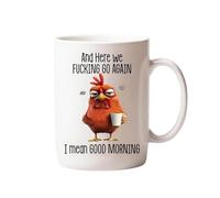 Taza divertida «Here We F*cking Go Again, Funny Novelty Mug - Here We F*king Go Again I Mean Good Morning», taza de café sarcástica para la oficina y el día a día, taza de té de cerámica (blanco-A)