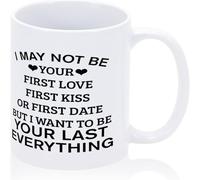 Taza divertida "I MayBe Your First Love First Kiss", con texto en inglés "Buenos días, taza de café motivacional", novedosa, taza de té de cerámica con impresión de doble cara para mamá, papá, amigo,