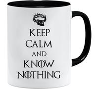 Taza divertida Keep Calm and Know Nothing con mensaje en inglés | Regalo original para oficina, cumpleaños o fanáticos de series | Cerámica blanca y negra 325 ml apta microondas lavavajillas