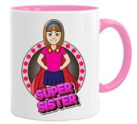 Taza divertida Super Sister con mensaje para hermana | Regalo original para cumpleaños o Día de la Madre | Cerámica blanca y rosa 325 ml apta microondas lavavajillas