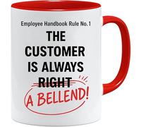 Taza divertida The Customer Is Always Right A Bellend | Regalo original con humor para oficina, cumpleaños o Navidad | Cerámica blanca y roja 325 ml apta microondas lavavajillas